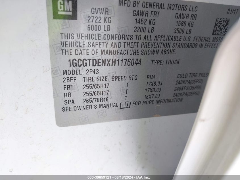 2017 Chevrolet Colorado Z71 VIN: 1GCGTDENXH1176044 Lot: 39659121