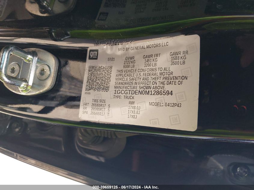 2021 Chevrolet Colorado 4Wd Short Box Z71 VIN: 1GCGTDEN0M1286594 Lot: 39659125