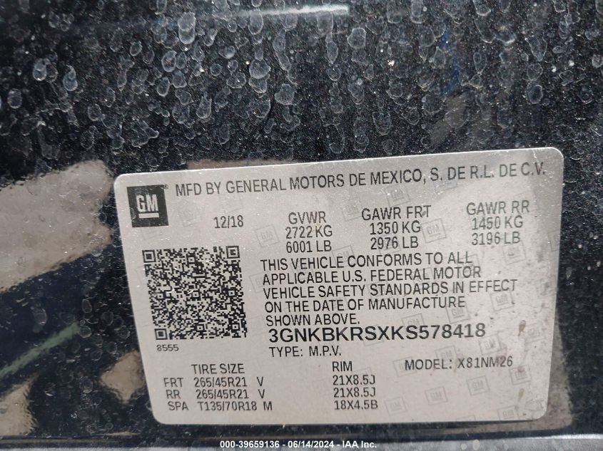 2019 Chevrolet Blazer Premier VIN: 3GNKBKRSXKS578418 Lot: 39659136