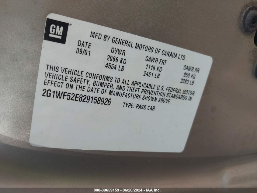 2002 Chevrolet Impala VIN: 2G1WF52E829158926 Lot: 39659159