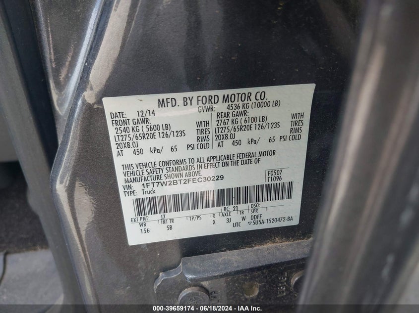 2015 Ford F-250 Lariat VIN: 1FT7W2BT2FEC30229 Lot: 39659174