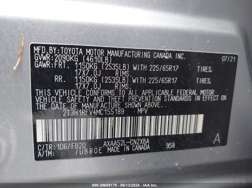 2021 TOYOTA RAV4 LE - 2T3H1RFV4MC155189