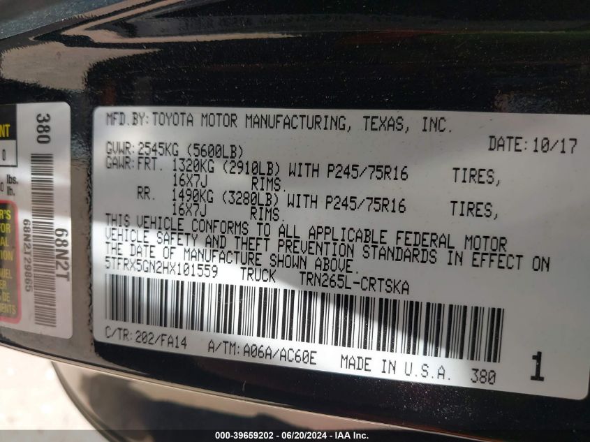 2017 Toyota Tacoma Sr VIN: 5TFRX5GN2HX101559 Lot: 39659202