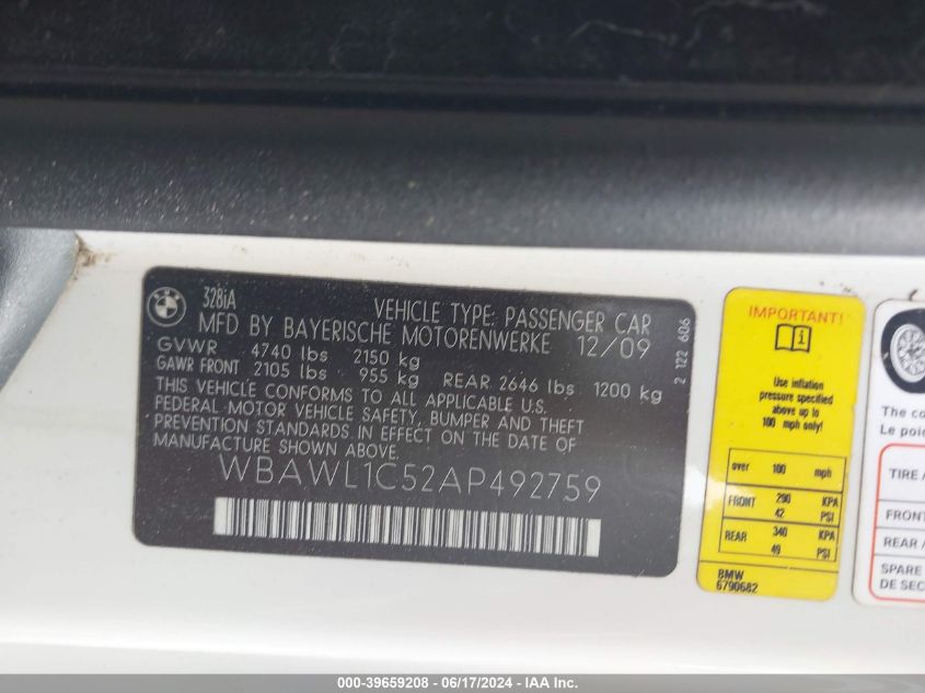 2010 BMW 328I VIN: WBAWL1C52AP492759 Lot: 39659208