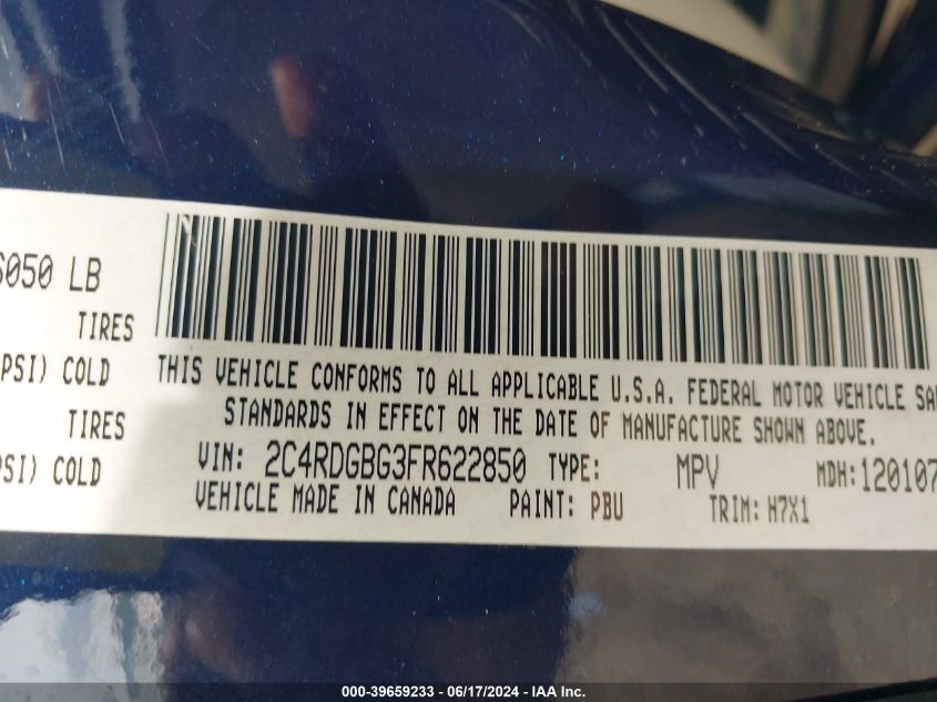2015 Dodge Grand Caravan Se VIN: 2C4RDGBG3FR622850 Lot: 39659233