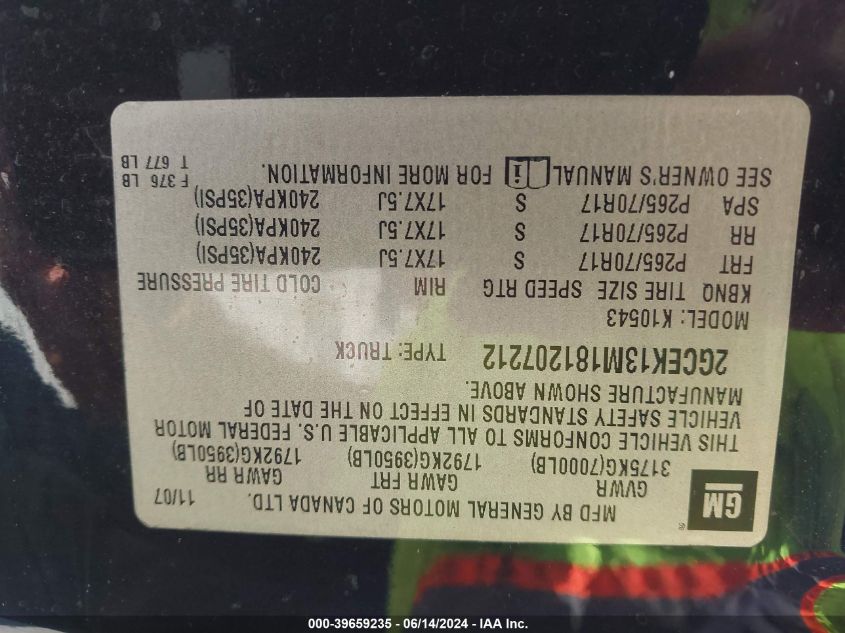 2008 Chevrolet Silverado 1500 Lt1 VIN: 2GCEK13M181207212 Lot: 39659235