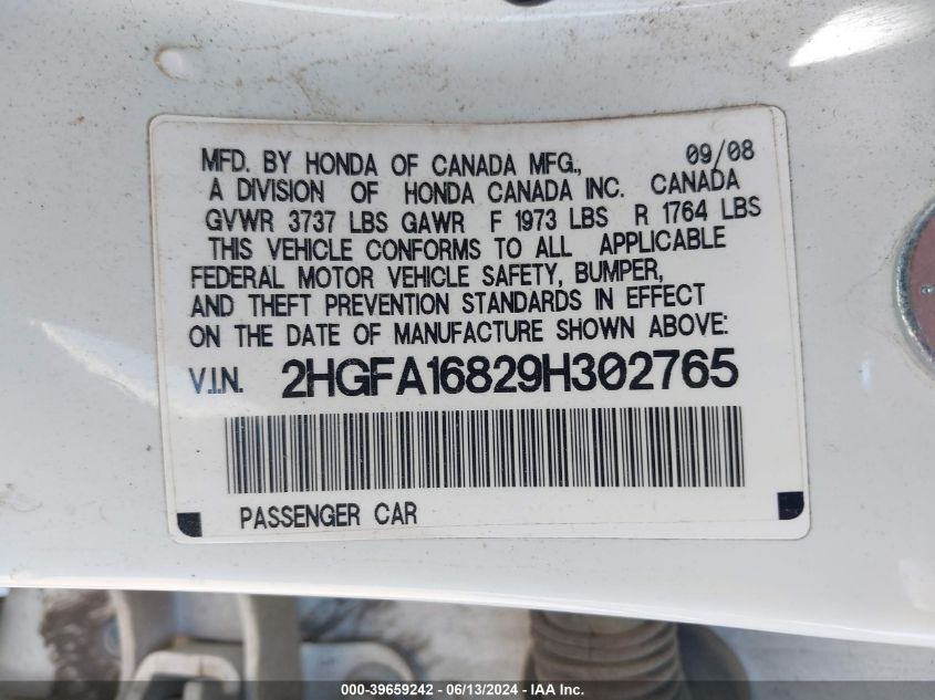 2009 Honda Civic Ex VIN: 2HGFA16829H302765 Lot: 39659242