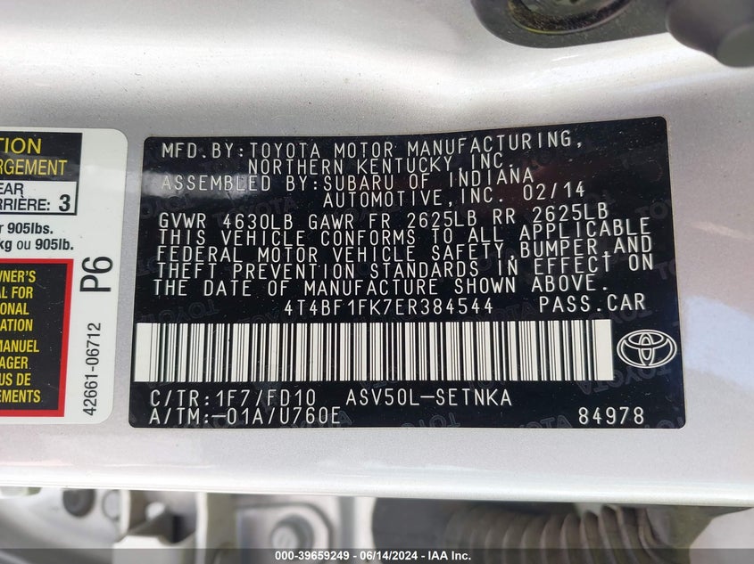 2014 Toyota Camry Le VIN: 4T4BF1FK7ER384544 Lot: 39659249