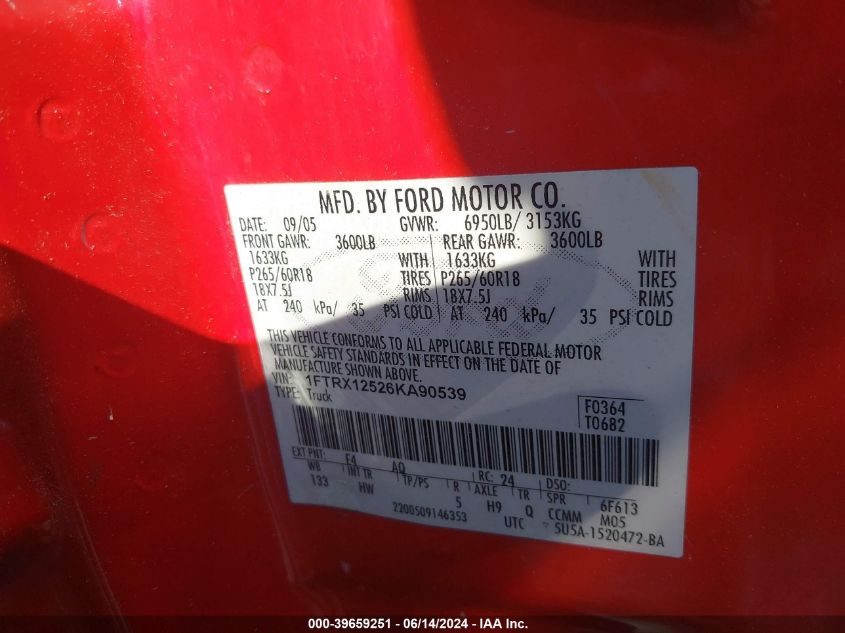 2006 Ford F-150 Lariat/Xl/Xlt VIN: 1FTRX12526KA90539 Lot: 39659251