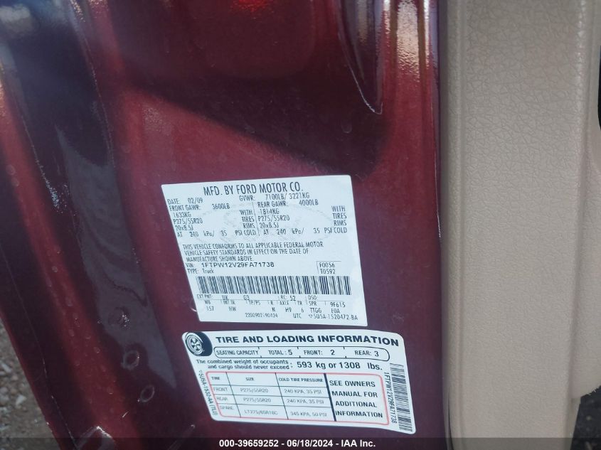 2009 Ford F-150 King Ranch/Lariat/Platinum/Xl/Xlt VIN: 1FTPW12V29FA71738 Lot: 39659252