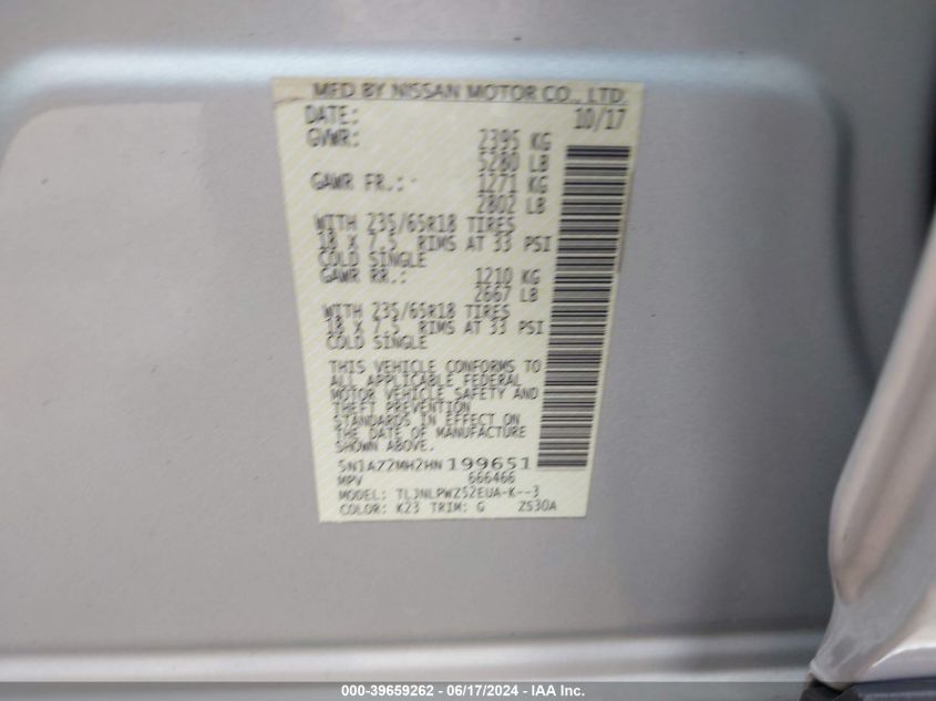 2017 Nissan Murano S VIN: 5N1AZ2MH2HN199651 Lot: 39659262