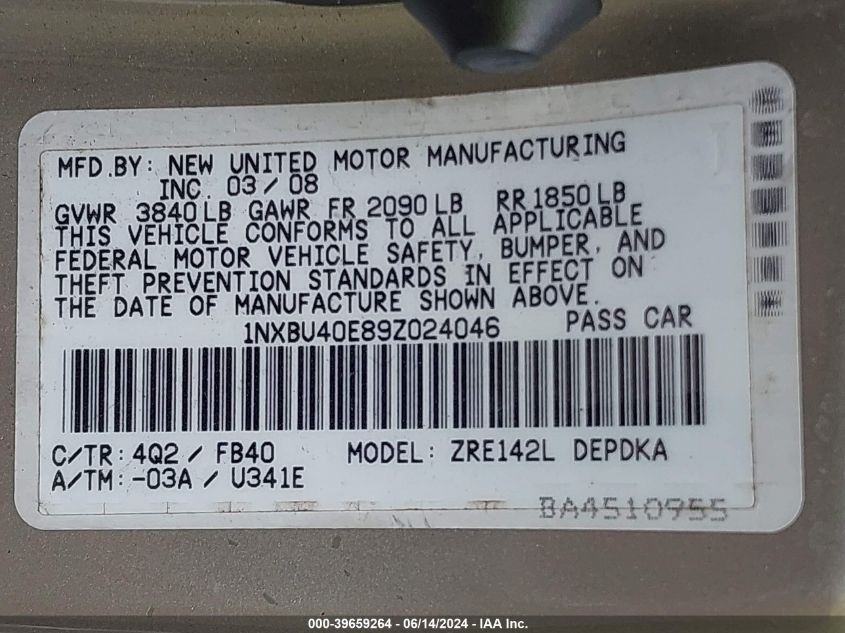 2009 Toyota Corolla Le VIN: 1NXBU40E89Z024046 Lot: 39659264