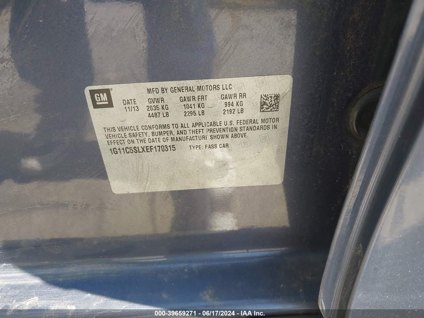 2014 Chevrolet Malibu 1Lt VIN: 1G11C5SLXEF170315 Lot: 39659271