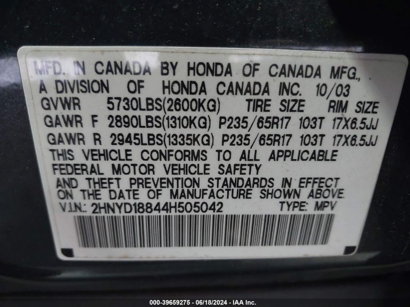 2004 Acura Mdx VIN: 2HNYD18844H505042 Lot: 39659275