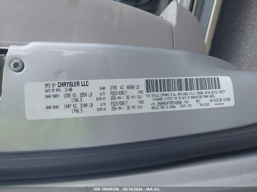 2008 Chrysler Town & Country Touring VIN: 2A8HR54P78R746890 Lot: 39659286