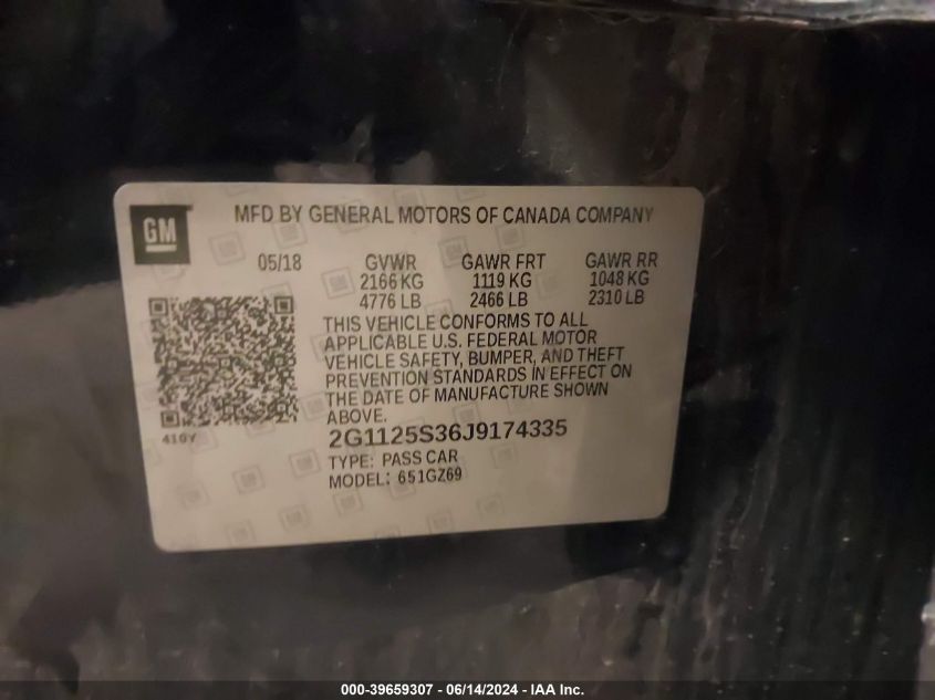 2018 Chevrolet Impala 2Lz VIN: 2G1125S36J9174335 Lot: 39659307