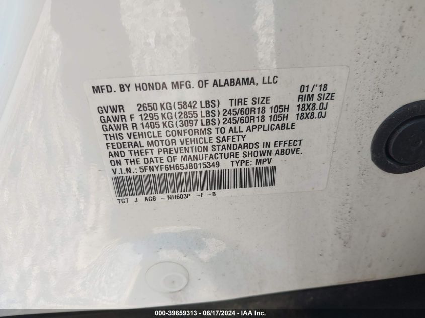 2018 Honda Pilot Ex-L VIN: 5FNYF6H65JB015349 Lot: 39659313