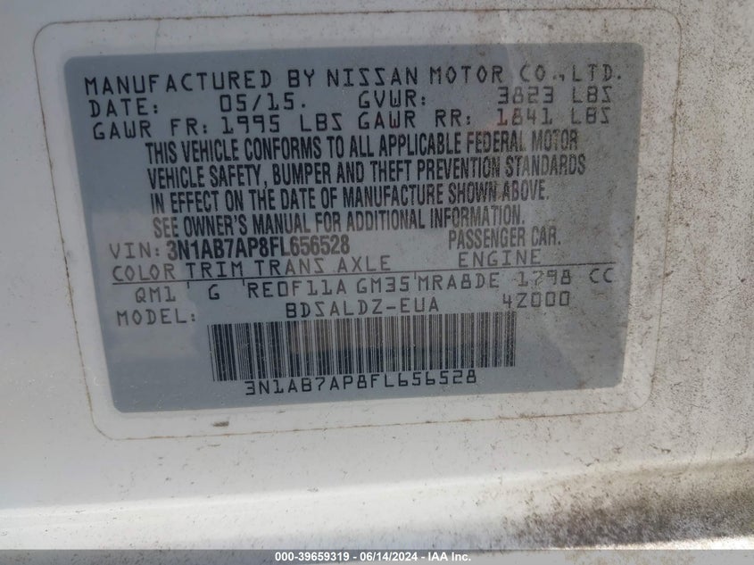 2015 Nissan Sentra Fe+ S/S/Sl/Sr/Sv VIN: 3N1AB7AP8FL656528 Lot: 39659319