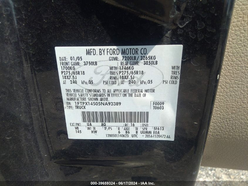 2005 Ford F-150 Fx4/Lariat/Xl/Xlt VIN: 1FTPX14505NA93389 Lot: 39659324