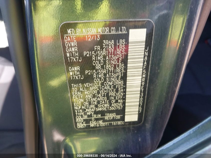 2014 Nissan Juke S VIN: JN8AF5MR9ET360757 Lot: 39659335