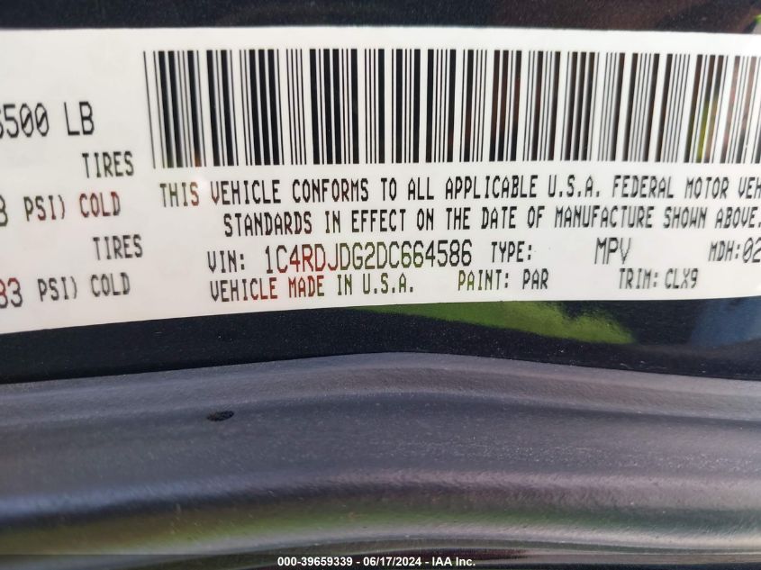 2013 Dodge Durango Crew VIN: 1C4RDJDG2DC6645 Lot: 39659339