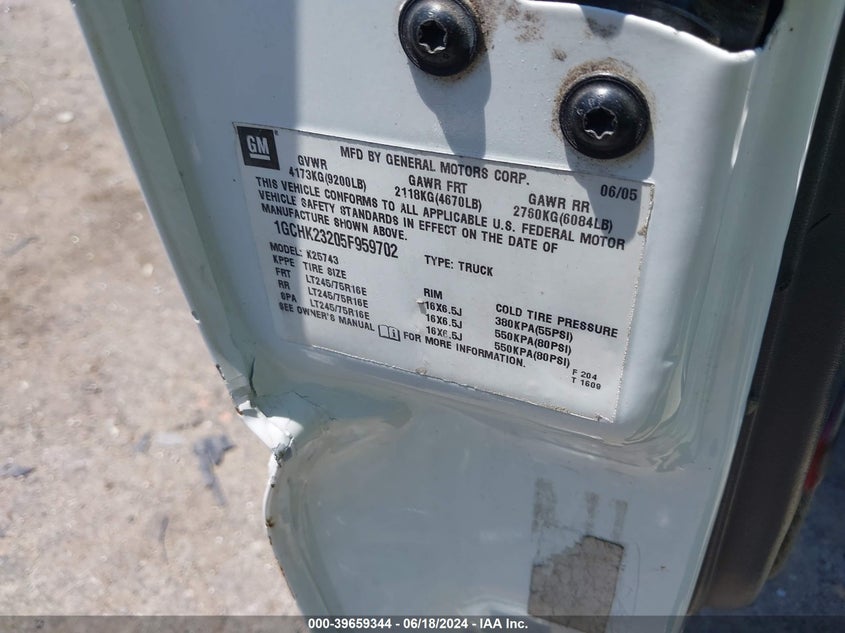 2005 Chevrolet Silverado 2500Hd Ls VIN: 1GCHK23205F959702 Lot: 39659344