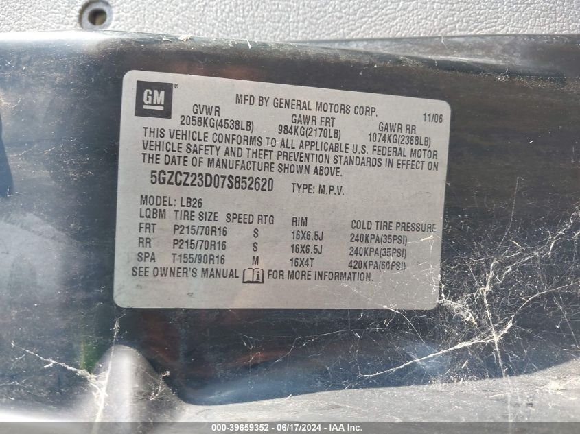 2007 Saturn Vue VIN: 5GZCZ23D07S852620 Lot: 39659352