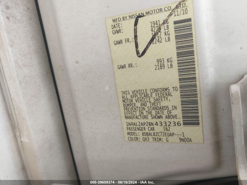 2011 Nissan Altima 2.5 S VIN: 1N4AL2AP2BN433236 Lot: 39659374