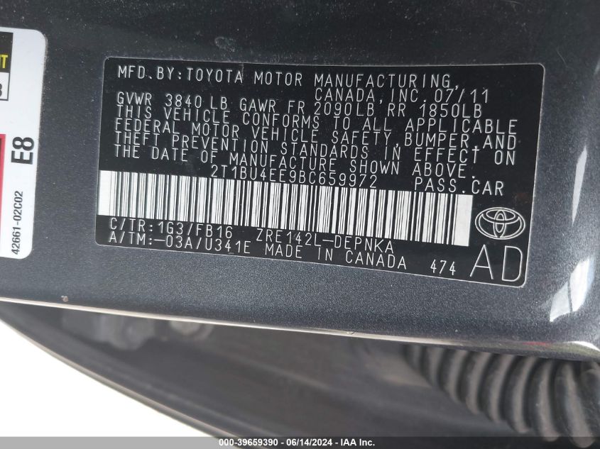 2011 Toyota Corolla Le VIN: 2T1BU4EE9BC659972 Lot: 39659390