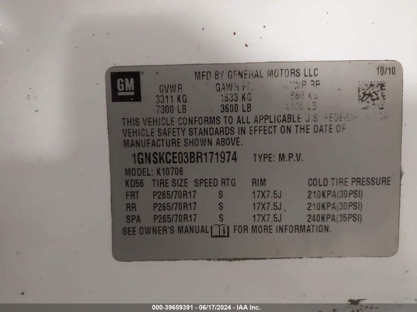 2011 Chevrolet Tahoe Ltz VIN: 1GNSKCE03BR171974 Lot: 39659391