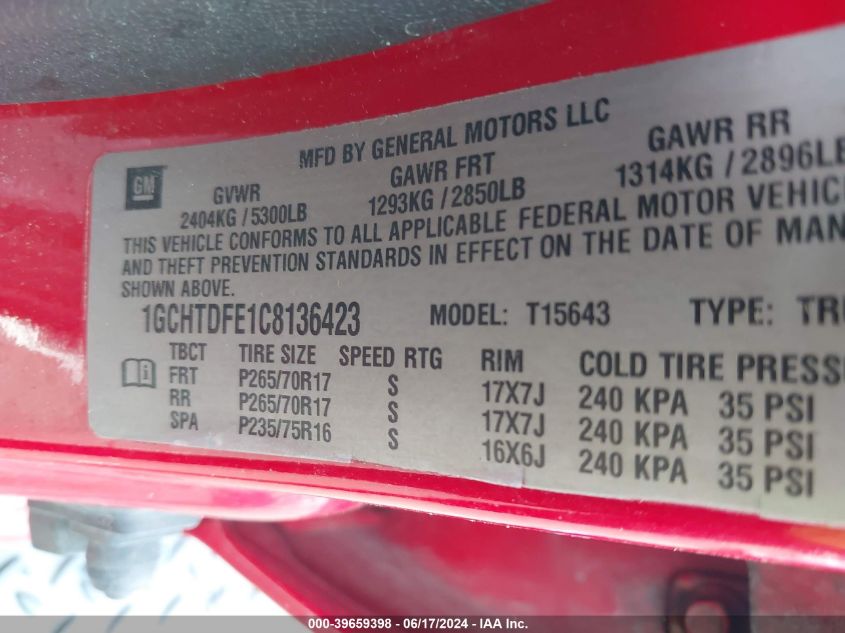 2012 Chevrolet Colorado 2Lt VIN: 1GCHTDFE1C8136423 Lot: 39659398