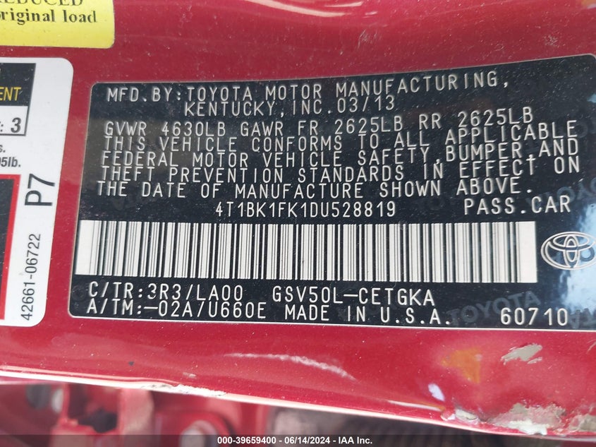2013 Toyota Camry Xle V6 VIN: 4T1BK1FK1DU528819 Lot: 39659400