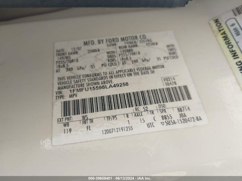 2008 Ford Expedition Xlt VIN: 1FMFU15598LA49258 Lot: 39659401