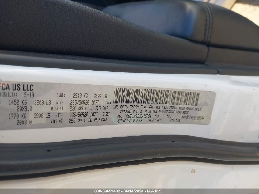 2018 Dodge Durango Gt Awd VIN: 1C4RDJDG9JC415794 Lot: 39659402