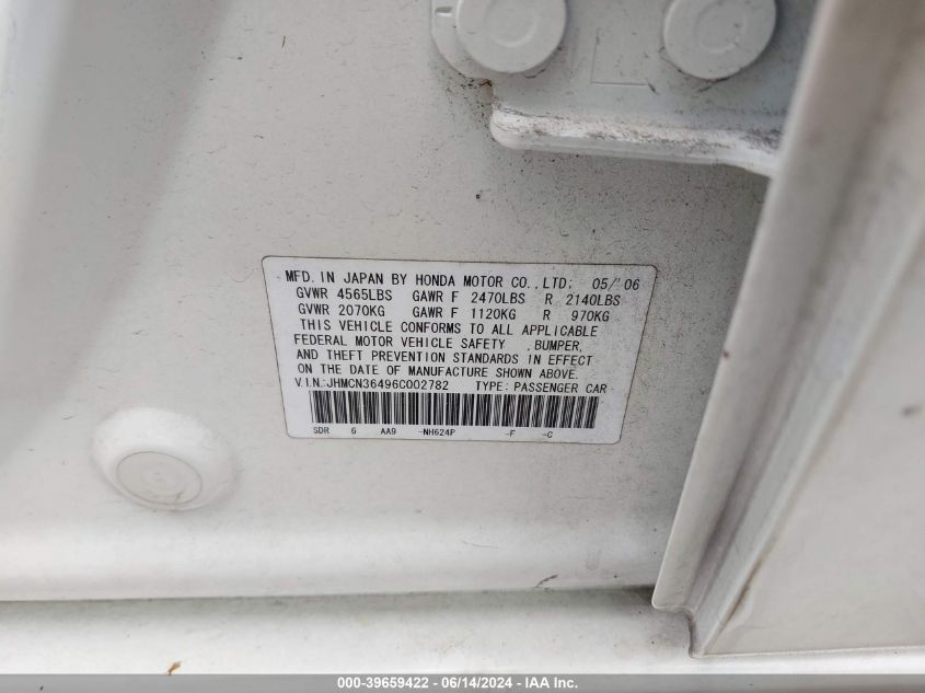 2006 Honda Accord Hybrid VIN: JHMCN36496C002782 Lot: 39659422