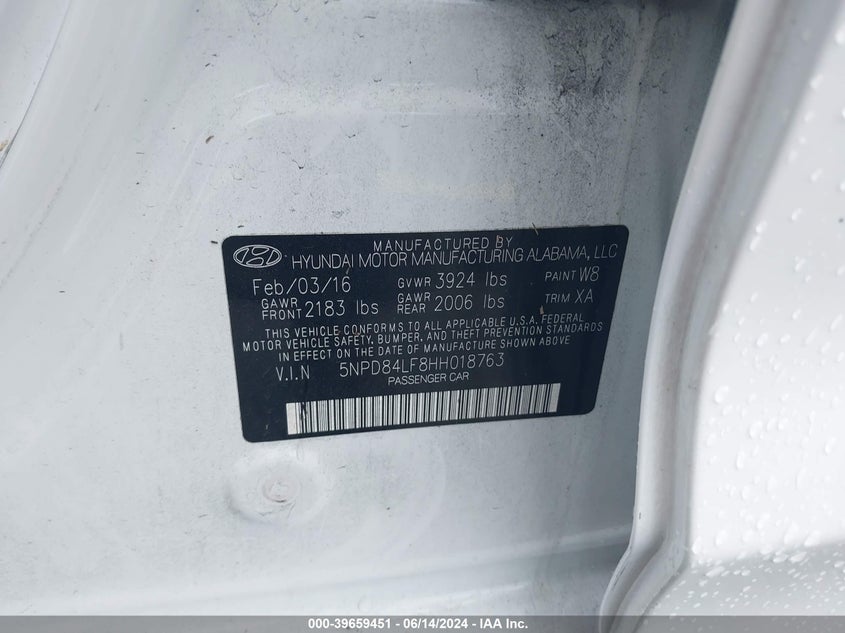 VIN 5NPD84LF8HH018763 2017 HYUNDAI ELANTRA SE