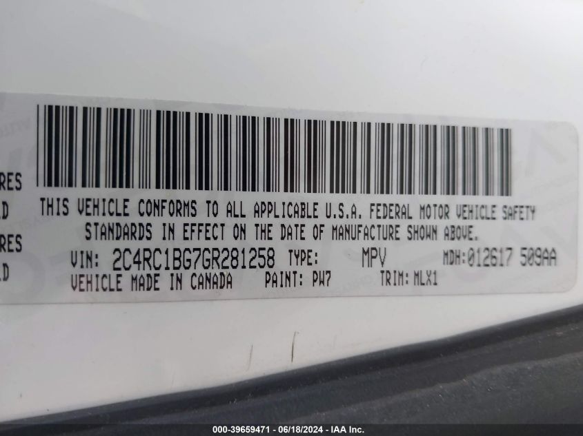 2016 Chrysler Town & Country Touring VIN: 2C4RC1BG7GR281258 Lot: 39659471