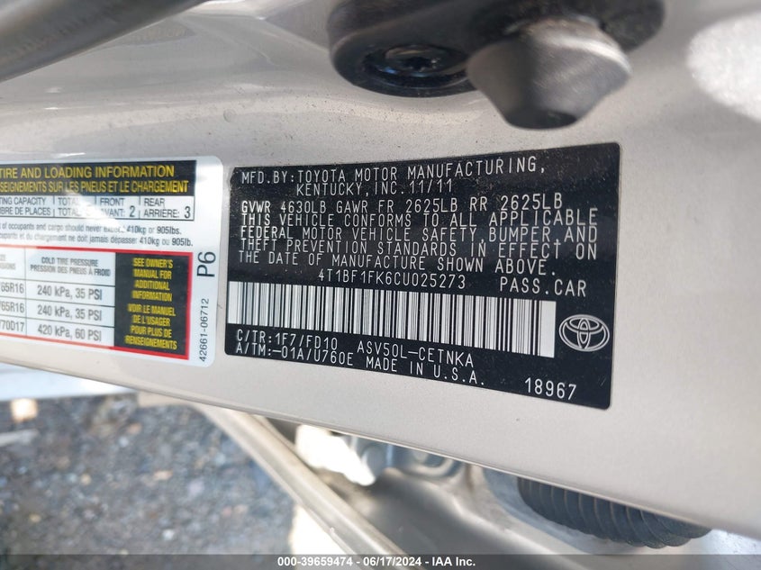 2012 Toyota Camry Le VIN: 4T1BF1FK6CU025273 Lot: 39659474