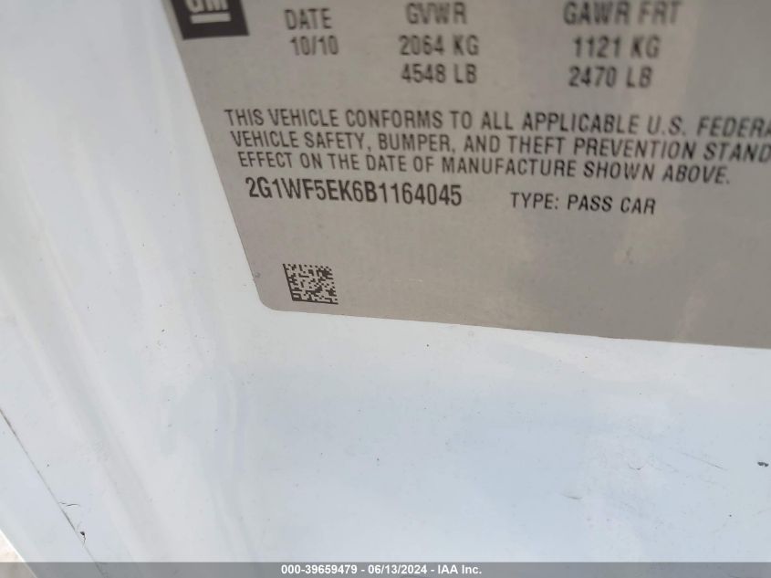 2011 Chevrolet Impala Ls VIN: 2G1WF5EK6B1164045 Lot: 39659479