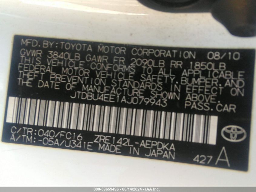 2010 Toyota Corolla Le VIN: JTDBU4EE1AJ079943 Lot: 39659496