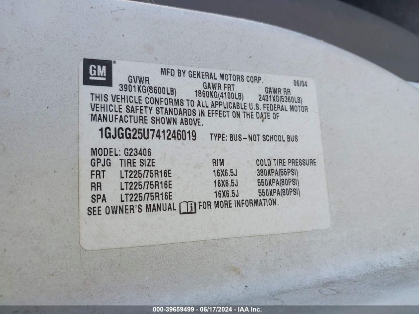 2004 GMC Savana Standard VIN: 1GJGG25U741246019 Lot: 39659499