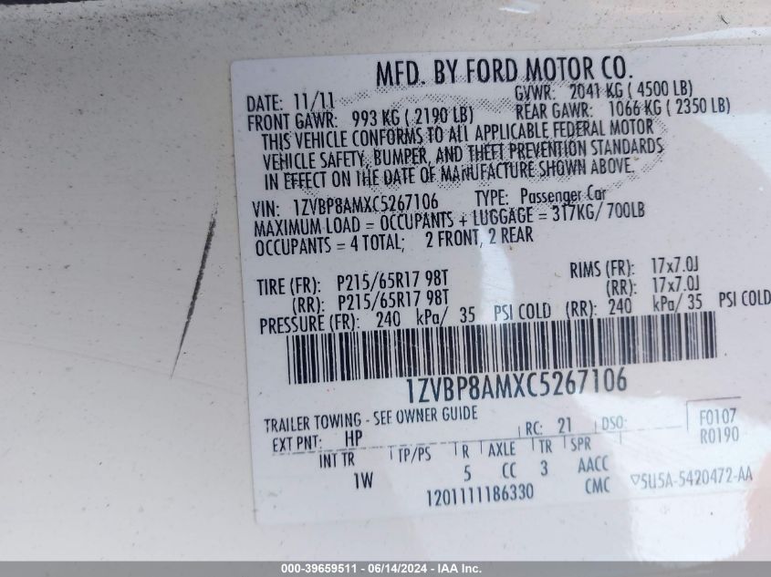 2012 Ford Mustang V6 VIN: 1ZVBP8AMXC5267106 Lot: 39659511