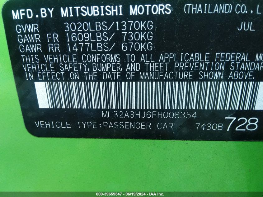 2015 Mitsubishi Mirage De VIN: ML32A3HJ6FH006354 Lot: 39659547