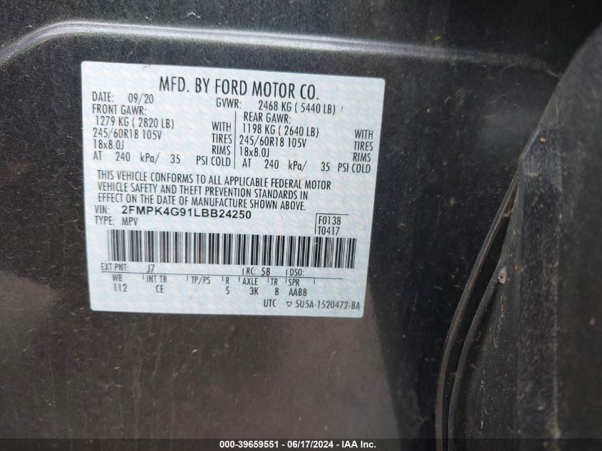 2020 Ford Edge Se VIN: 2FMPK4G91LBB24250 Lot: 39659551