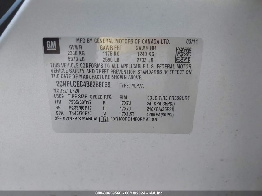 2011 Chevrolet Equinox Ls VIN: 2CNFLCEC4B6386059 Lot: 39659560