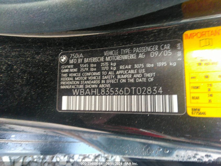 2006 BMW 750I VIN: WBAHL83536DT02834 Lot: 39659564