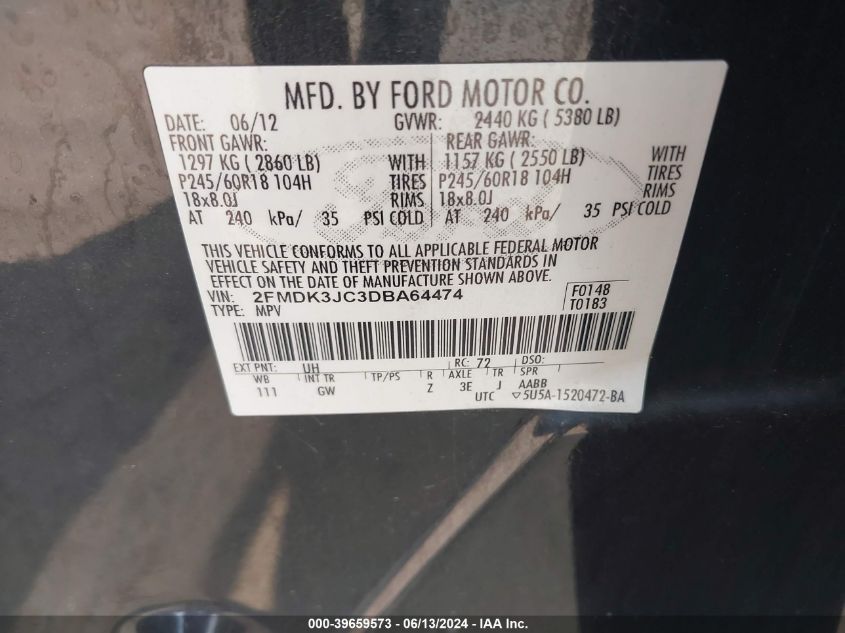 2013 Ford Edge Sel VIN: 2FMDK3JC3DBA64474 Lot: 39659573