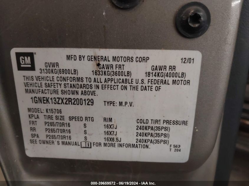 2002 Chevrolet Tahoe K1500 VIN: 1GNEK13ZX2R200129 Lot: 39659572