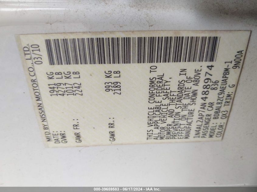 2010 Nissan Altima 2.5 S VIN: 1N4AL2AP7AN488974 Lot: 39659583