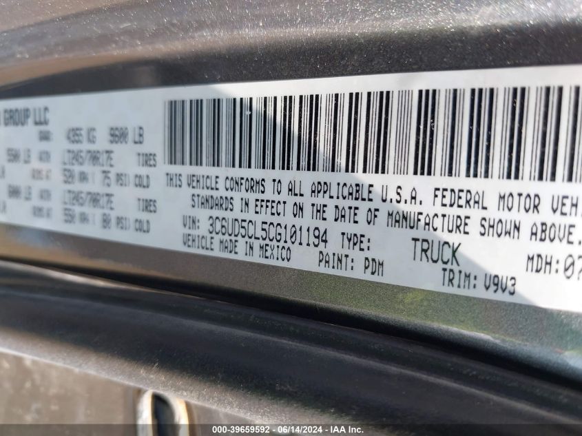 2012 Ram 2500 St VIN: 3C6UD5CL5CG101194 Lot: 39659592